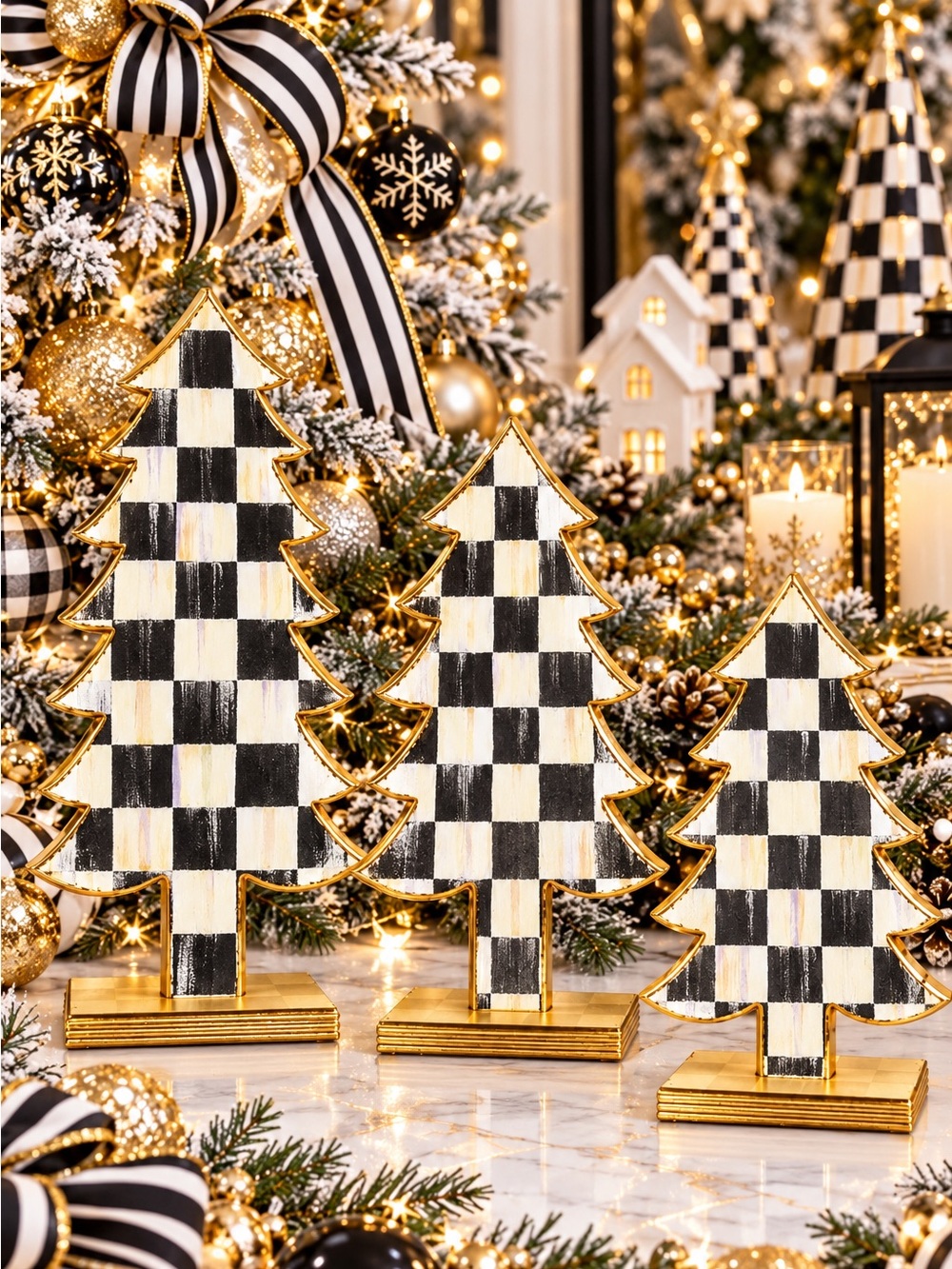 3 Hand Crafted Courtly Check Christmas Trees 11”